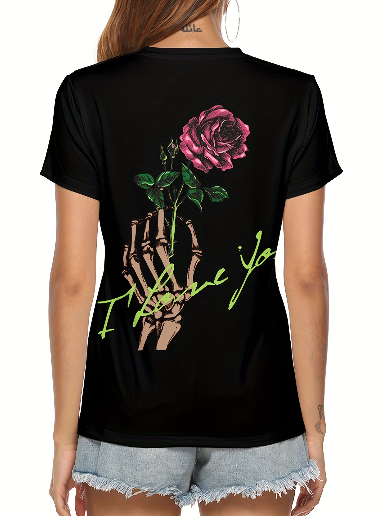 Women's Halloween Punk Gothic Skull & Heart Bones Print V-Neck T-Shirt