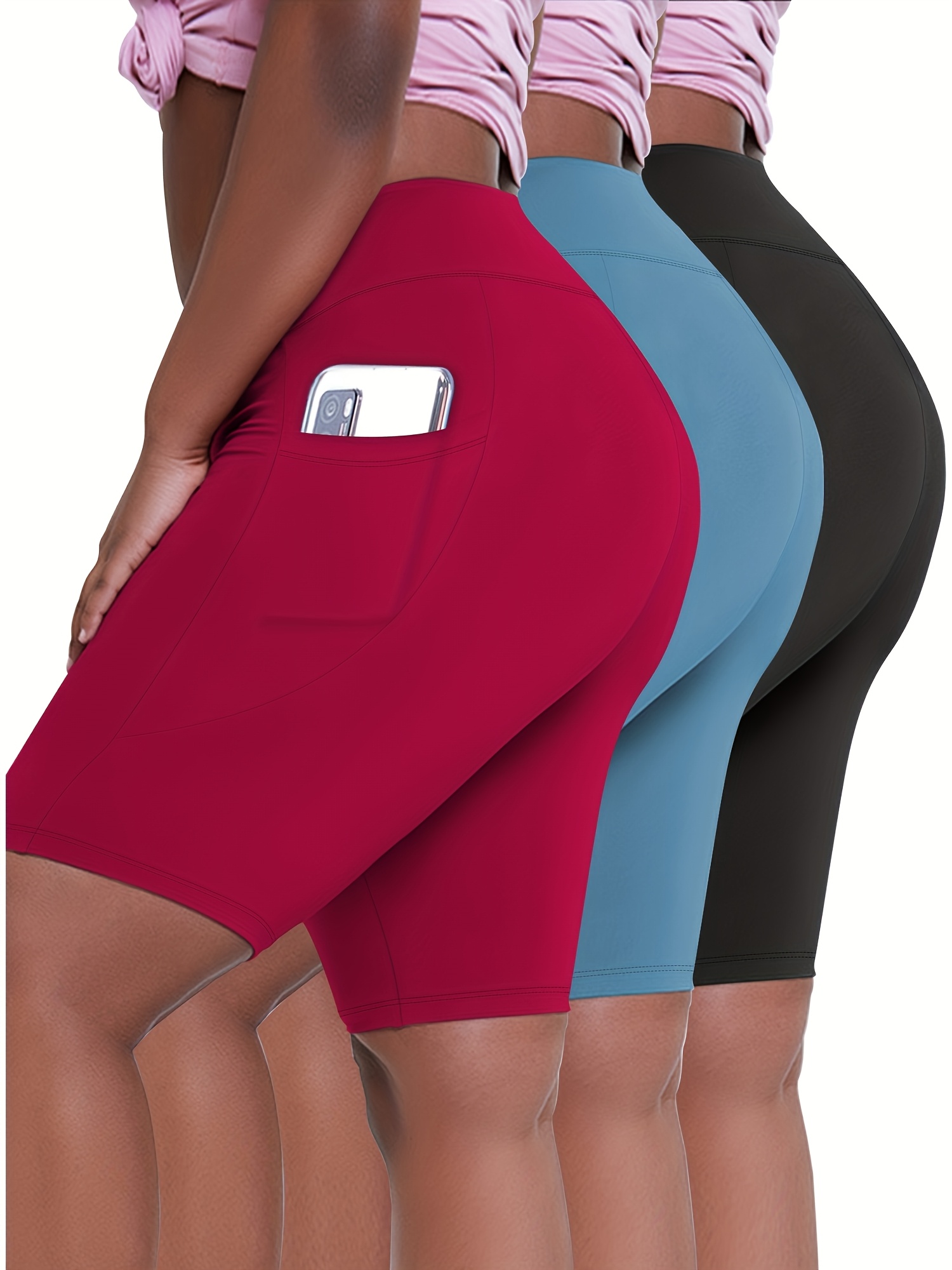 Plus Size High-Waist Stretchy Breathable Knee-Length Shorts with Crescent Side Pockets - Summer Casual Workout Shorts
