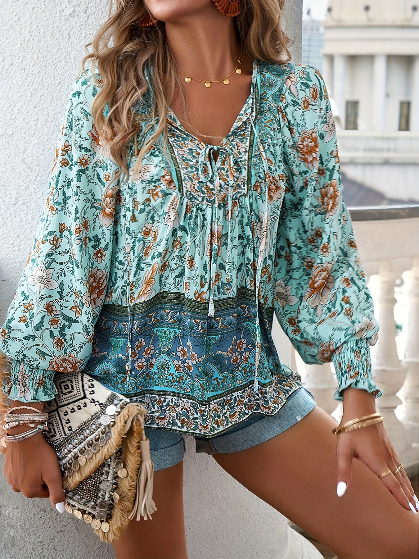 Casual Floral Print V Neck Blouse