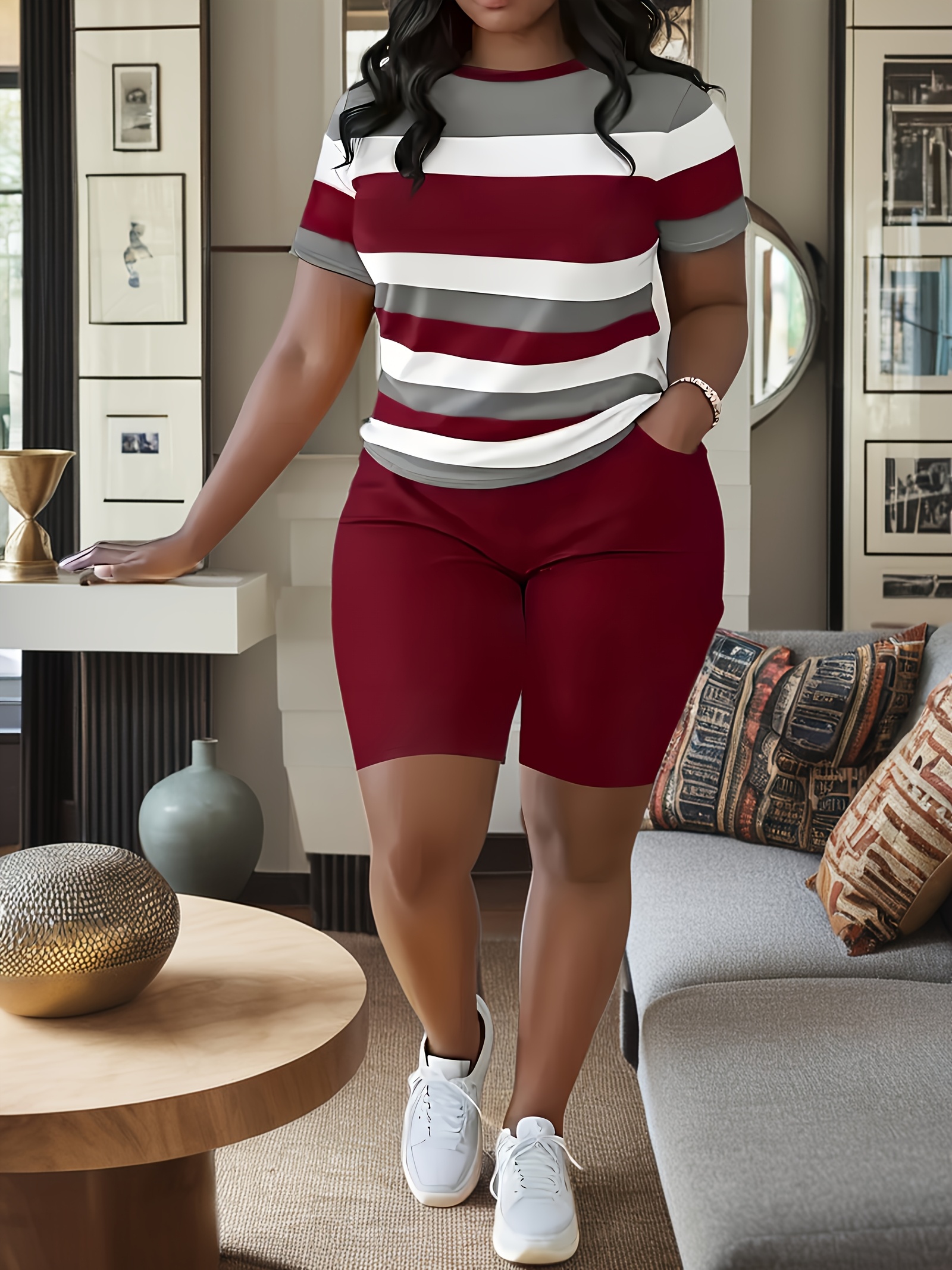 Plus Size Women'S Sports Two Piece Set, Short Sleeve Crew Neck Striped Top And Sports Pocket Shorts Set