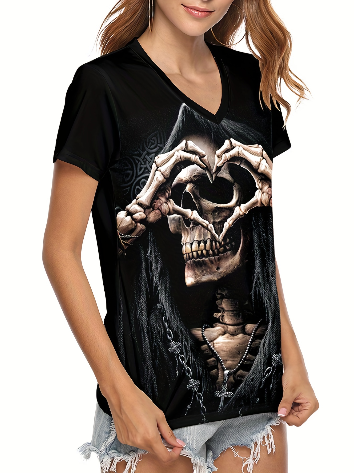 Women's Halloween Punk Gothic Skull & Heart Bones Print V-Neck T-Shirt
