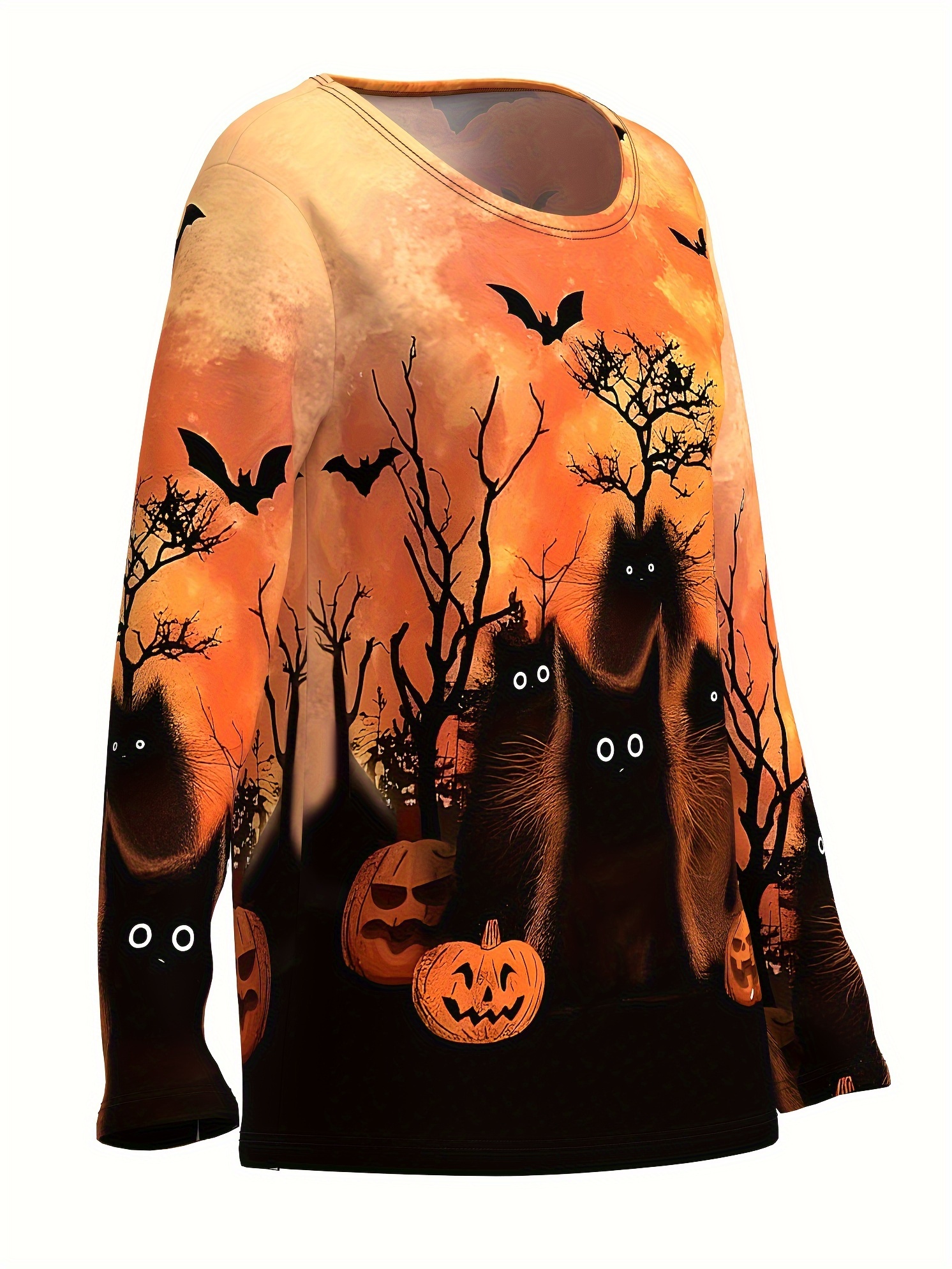 Casual Crew Neck Long Sleeve Pullover with Pumpkin Bats Print