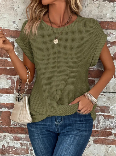 Solid Batwing Sleeve Cross Wrap Hem Tee