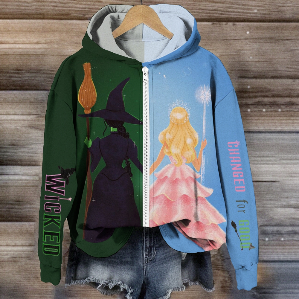 Movie Inspired Witch And Princess Print Slouchy Zip-Up Hoodie