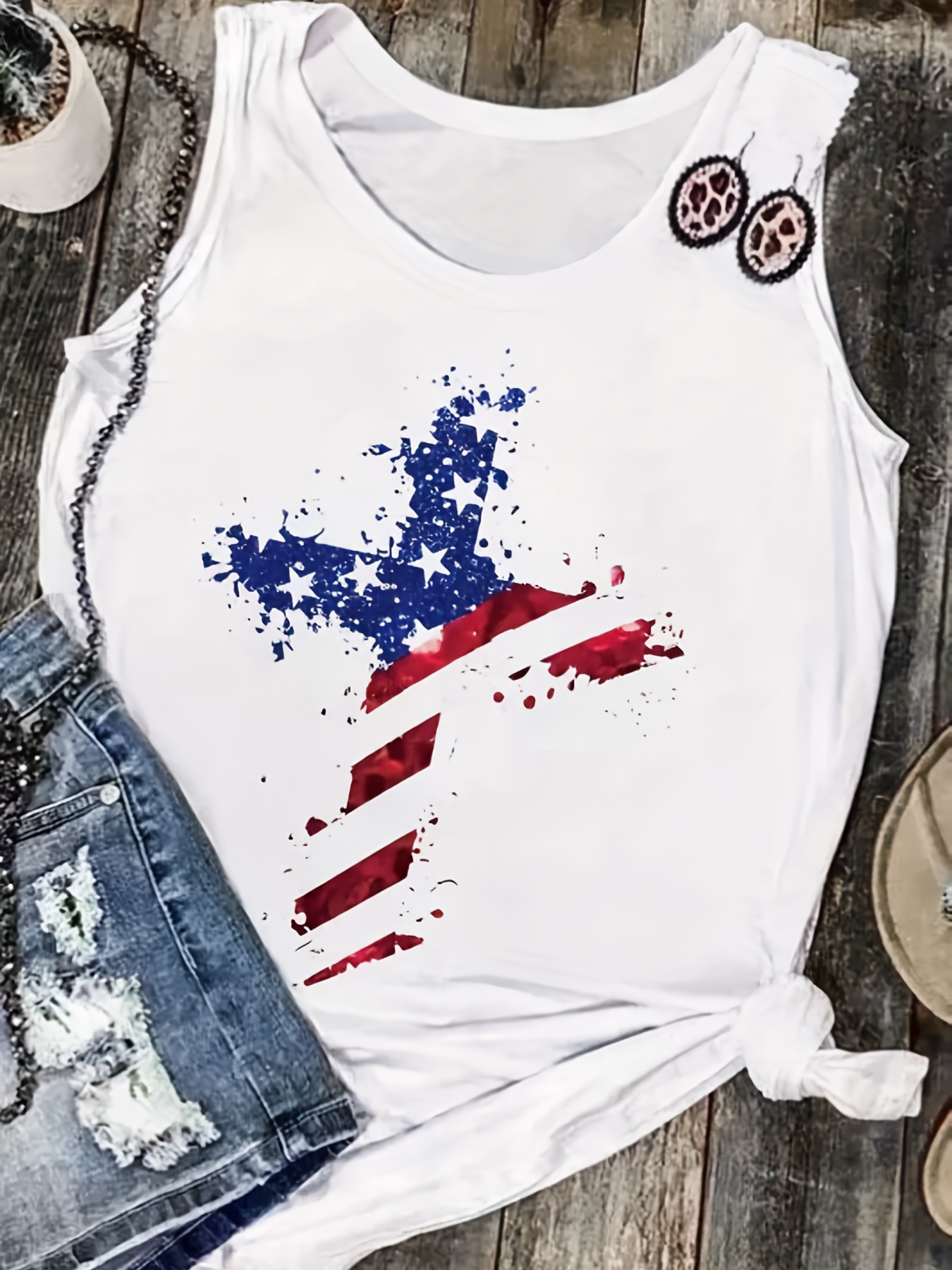 Women's Patriotic Cross Stars and Stripes Print Tank Top