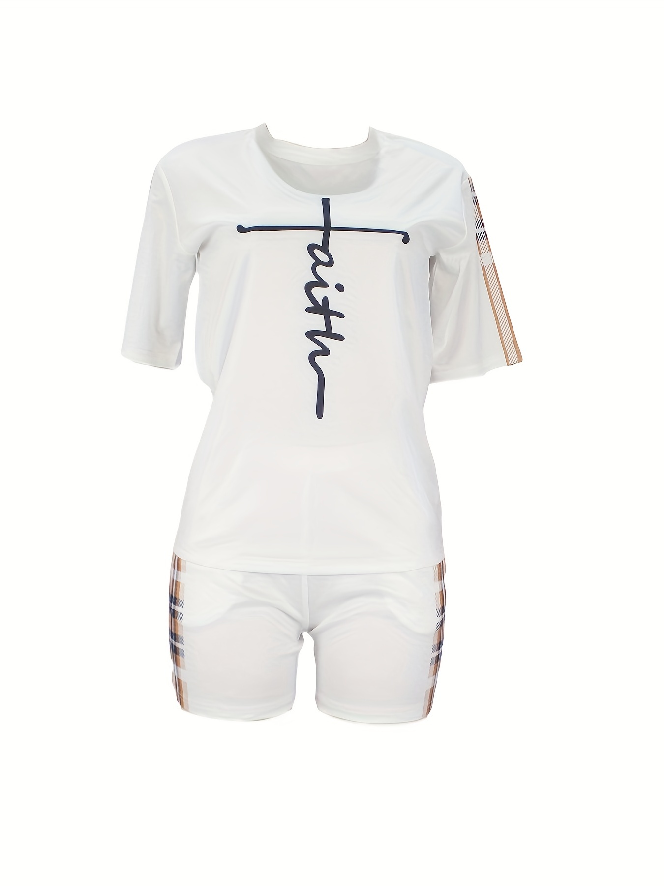 Plaid Print Splicing Two-piece Set, Faith Print Short Sleeve Tops & Pocket Shorts Outfits