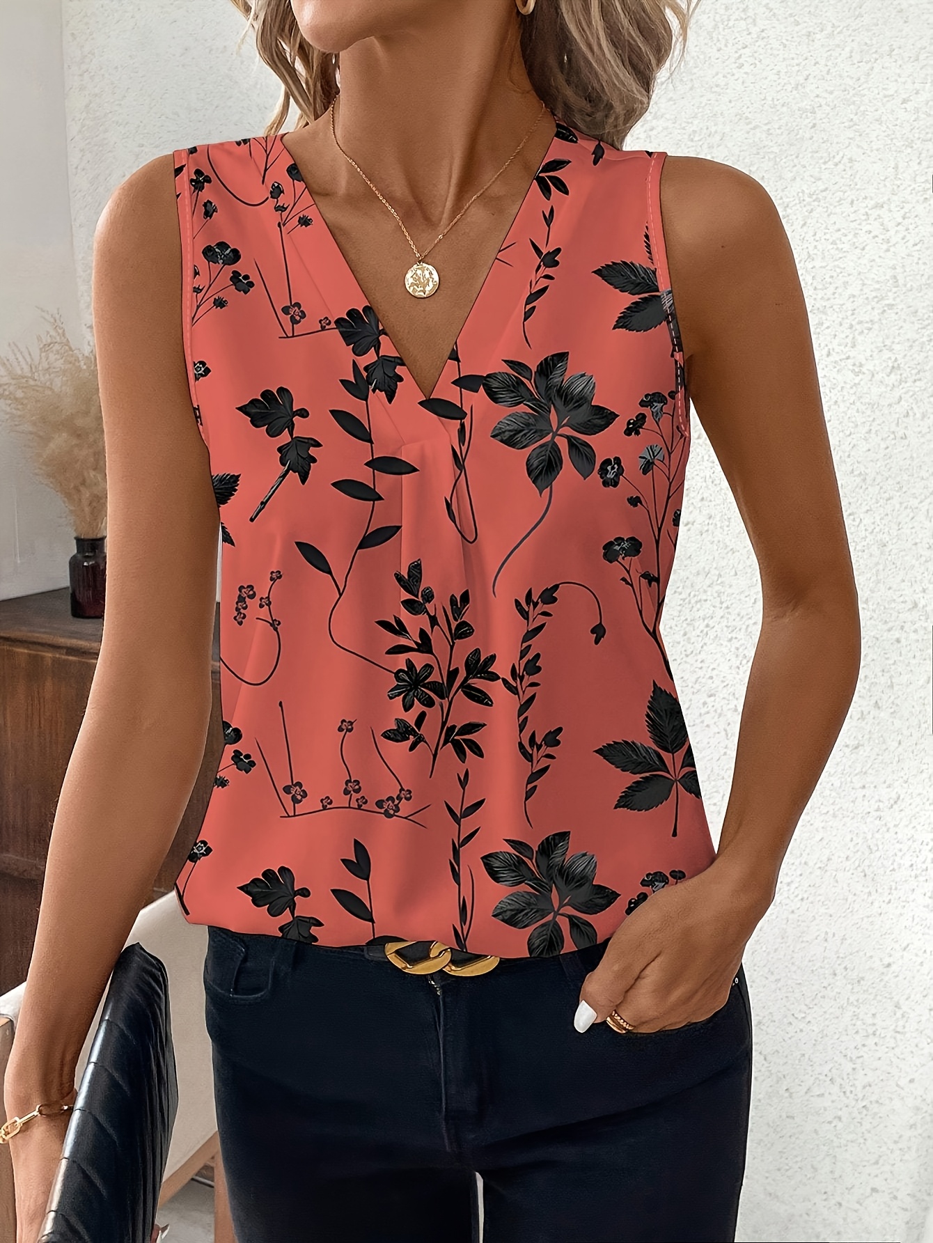 Peach and Black Floral Print Women's Elegant V Neck Sleeveless Top