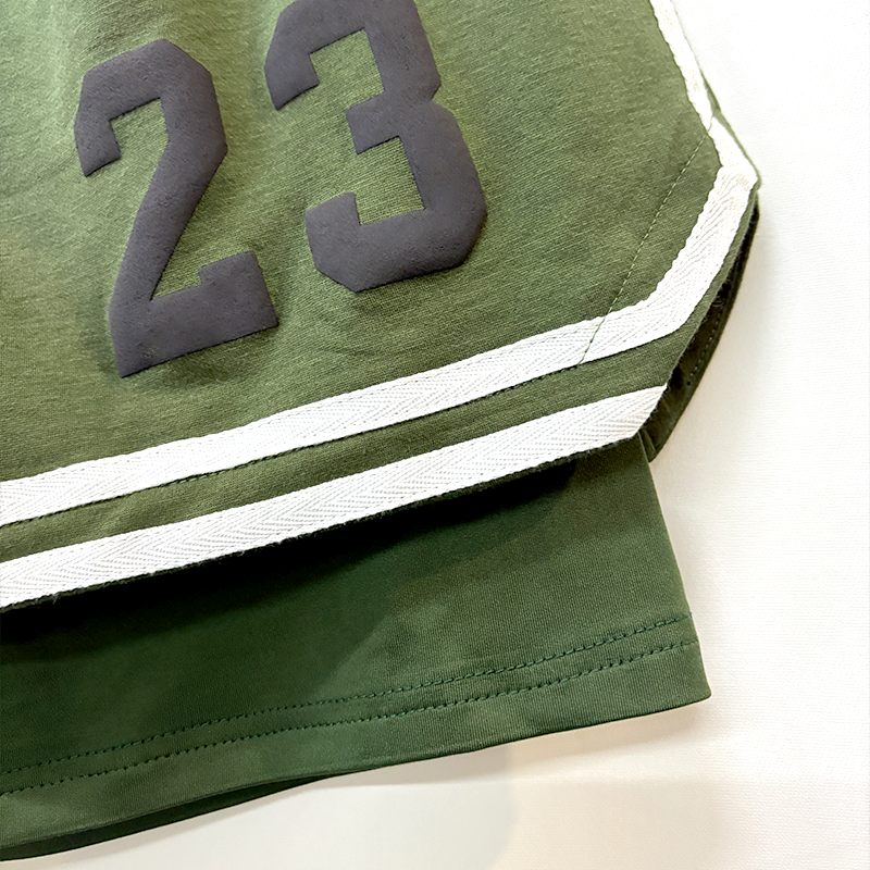 Unisex Basketball Print Inspired Olive Green Tank Top And Stripes Splicing Inner Pants Set