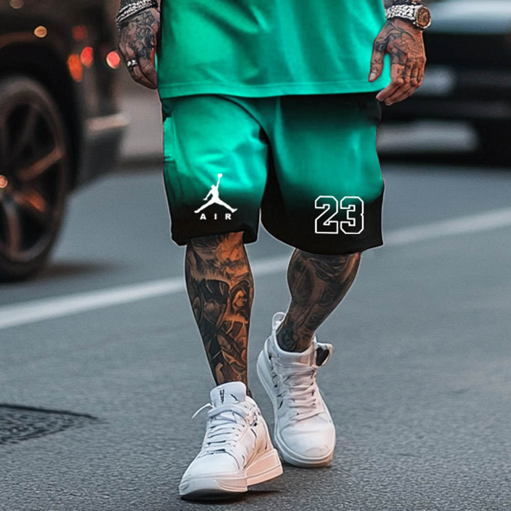 Unisex Black Red Gradient Basketball Print Oversized Streetwear Short-Sleeved T-shirt And Shorts Set