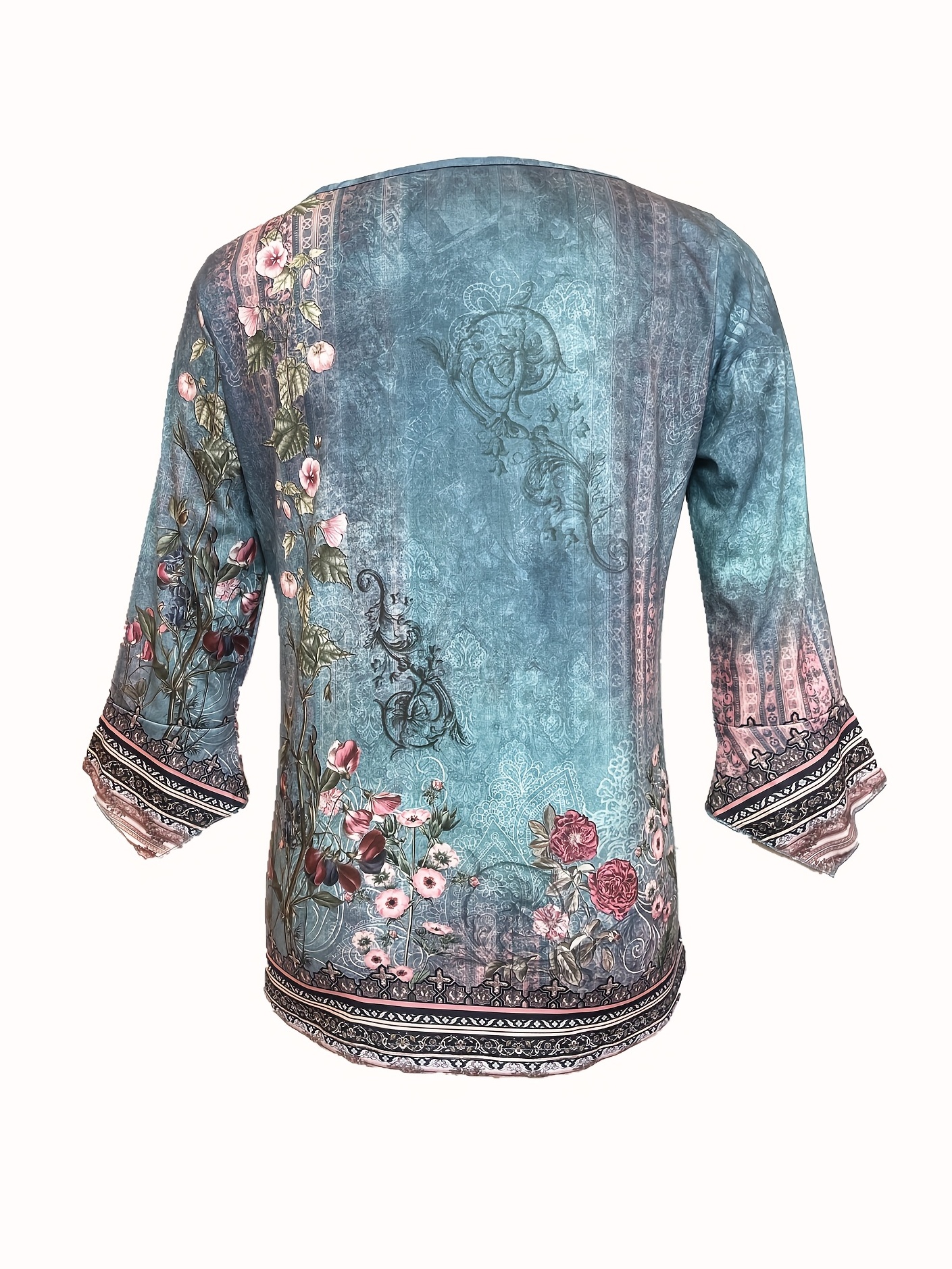 Women's Floral Print Button Front V-Neck T-Shirt with Flutter Sleeves