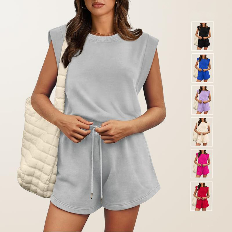 Rompers for Women Summer CapSleeve Adjustable Drawstring WaistbandCrewneck Casual Outfits with Pockets