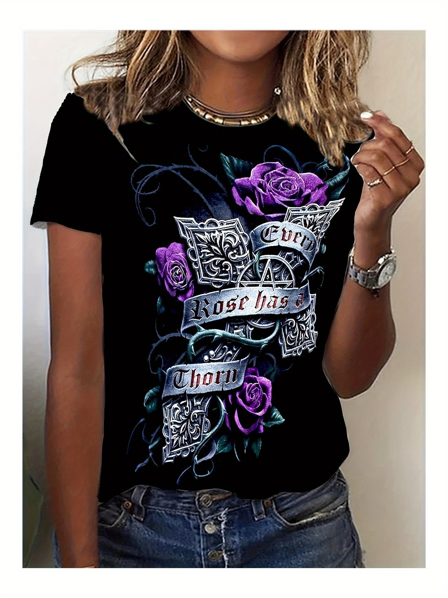 Flower & Letter Print Vintage T-shirt Crew Neck Short Sleeve Top 