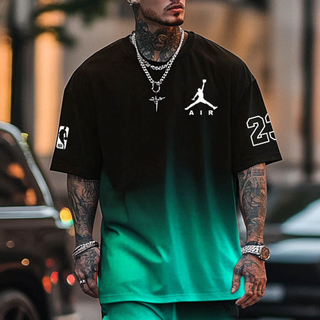 Unisex Black Red Gradient Basketball Print Oversized Streetwear Short-Sleeved T-shirt And Shorts Set