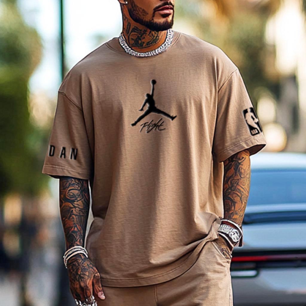 Unisex Basketball Flight Print Oversized Streetwear Khaki Short-Sleeved T-shirt And Shorts Set