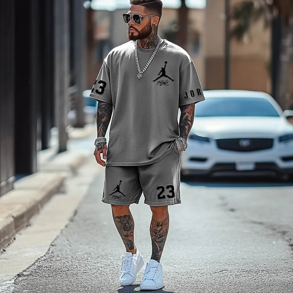 Unisex Basketball Print Oversized Streetwear Gray Short-Sleeved T-shirt And Shorts Set