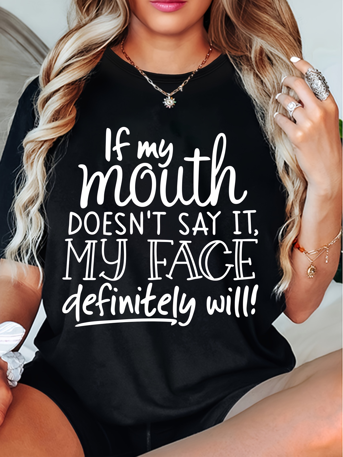 Women's T-shirt. If My Mouth Doesn't Say It, My Face Definitely Will!! Letter Printed Cool And Versatile Round Neck Top!