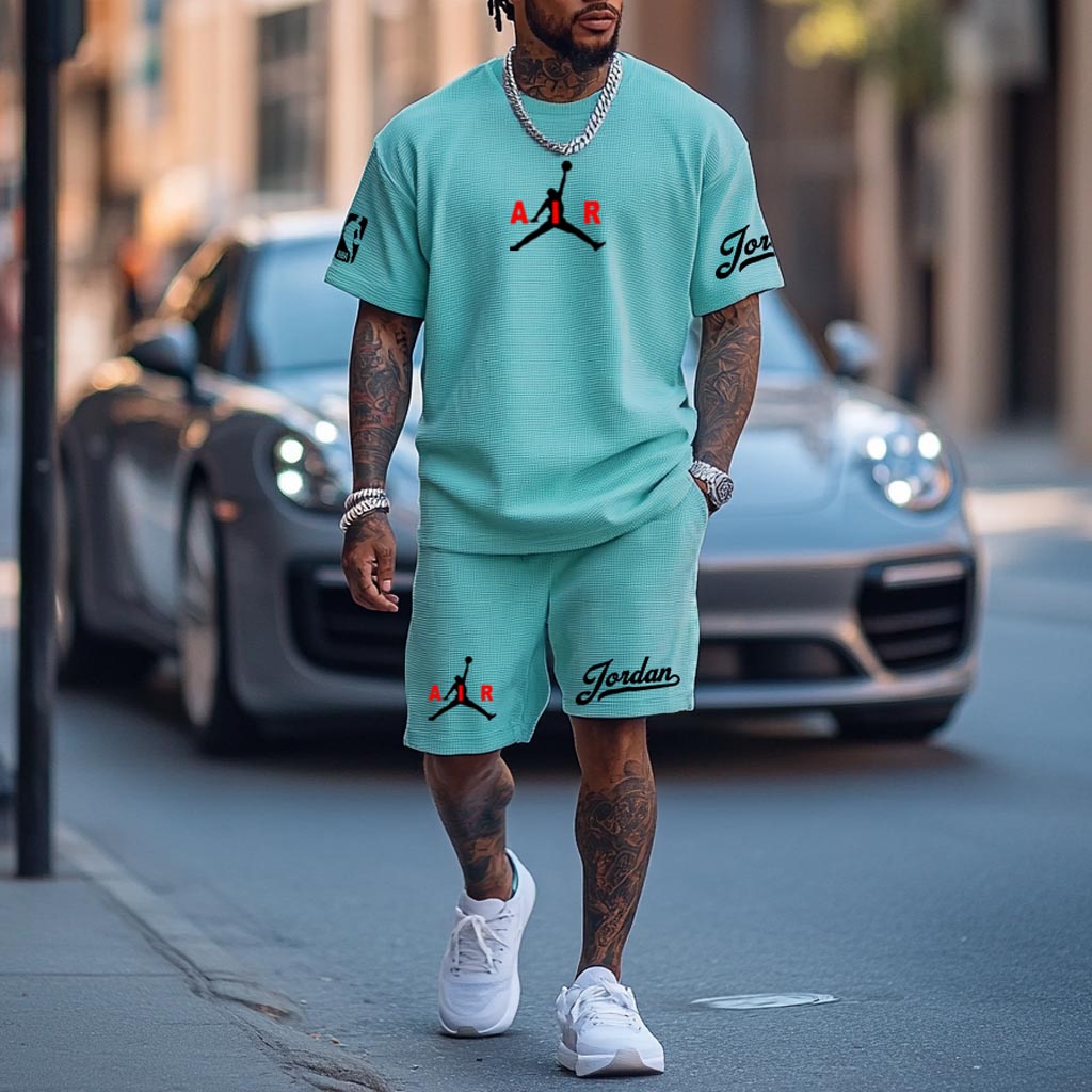 Unisex Waffle Knit Basketball Print Teal Oversized Streetwear Short-Sleeved T-shirt And Shorts Set