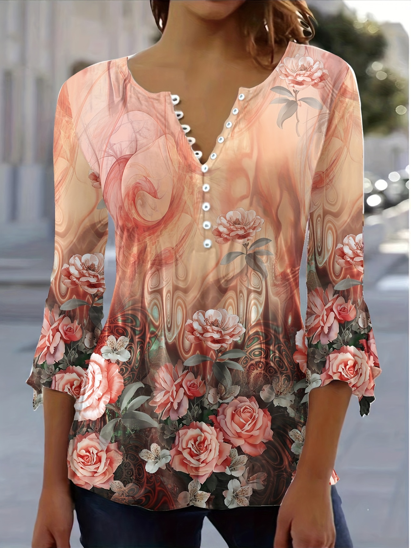 Women's Floral Print Button Front V-Neck T-Shirt with Flutter Sleeves