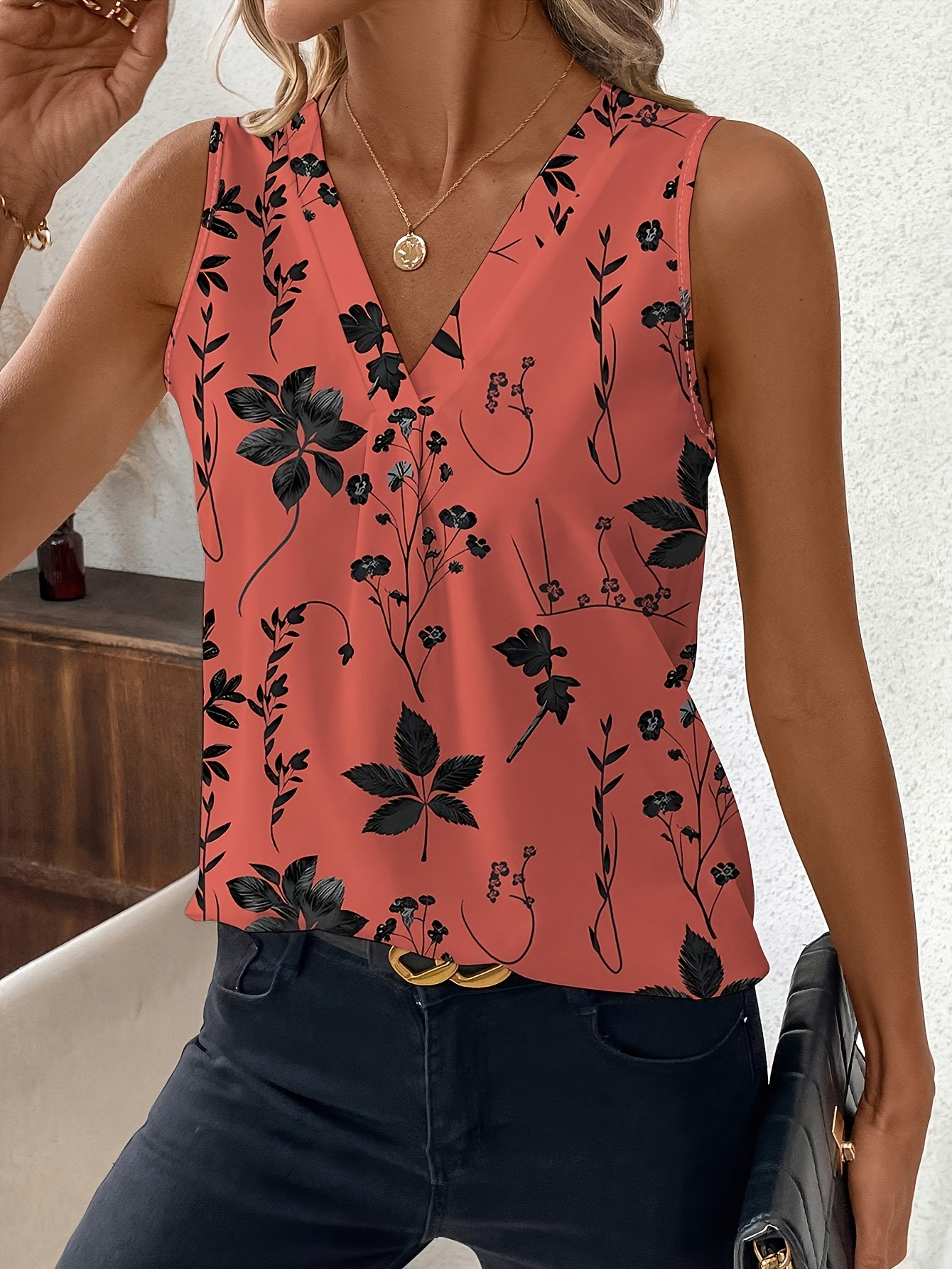 Peach and Black Floral Print Women's Elegant V Neck Sleeveless Top