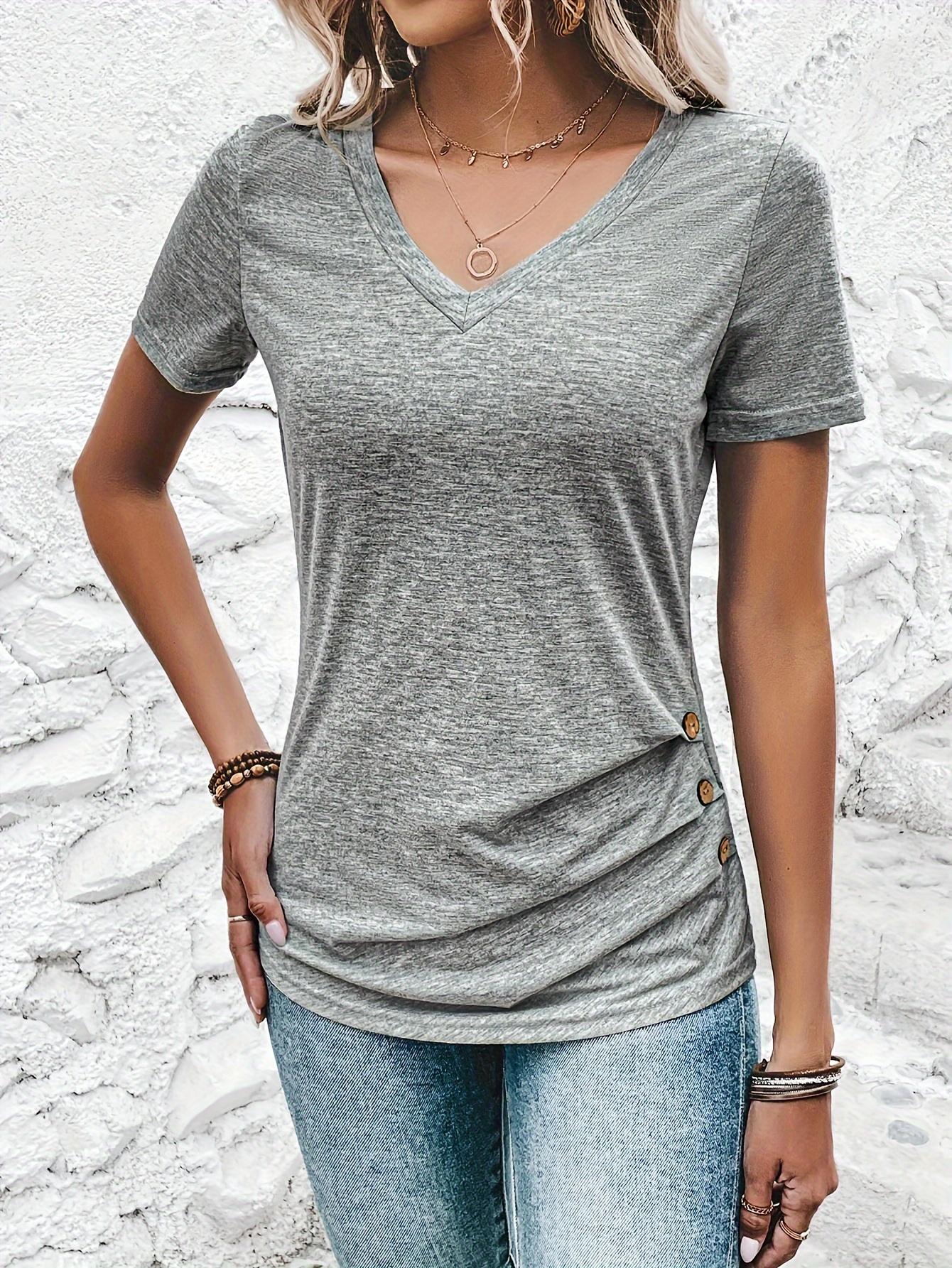 Women's Elegant Casual V-Neck Button-Front T-Shirt