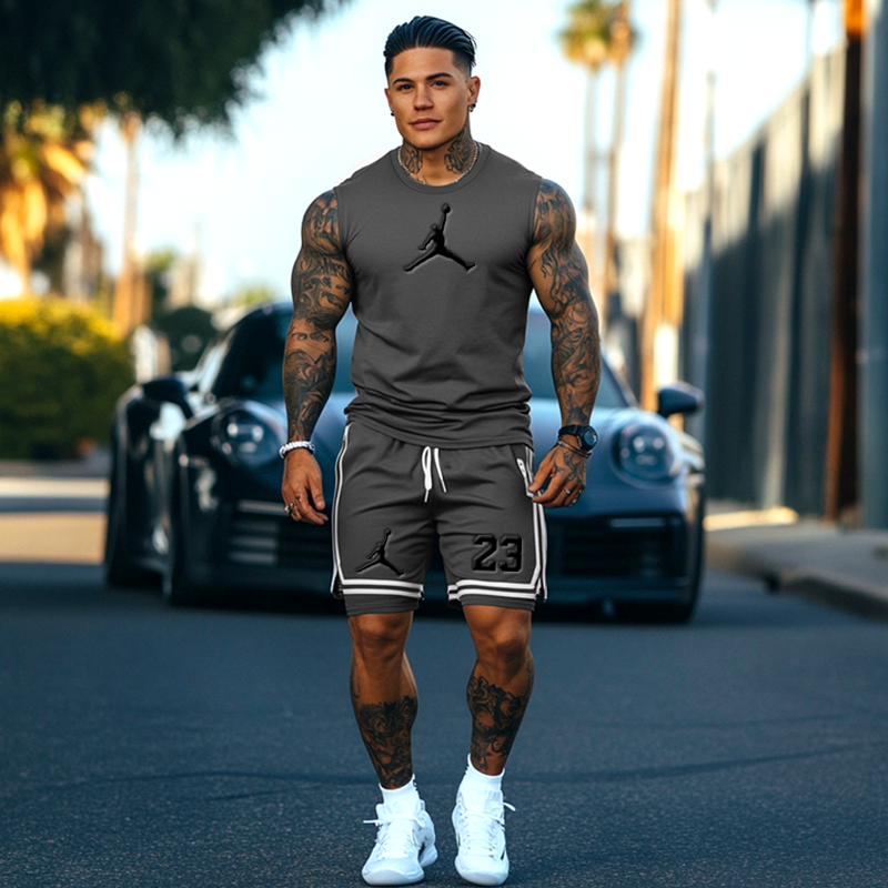 Unisex Basketball Print Inspired Olive Green Tank Top And Stripes Splicing Inner Pants Set