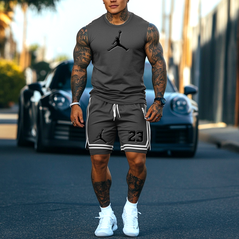 Unisex Basketball Print Inspired Olive Green Tank Top And Stripes Splicing Inner Pants Set