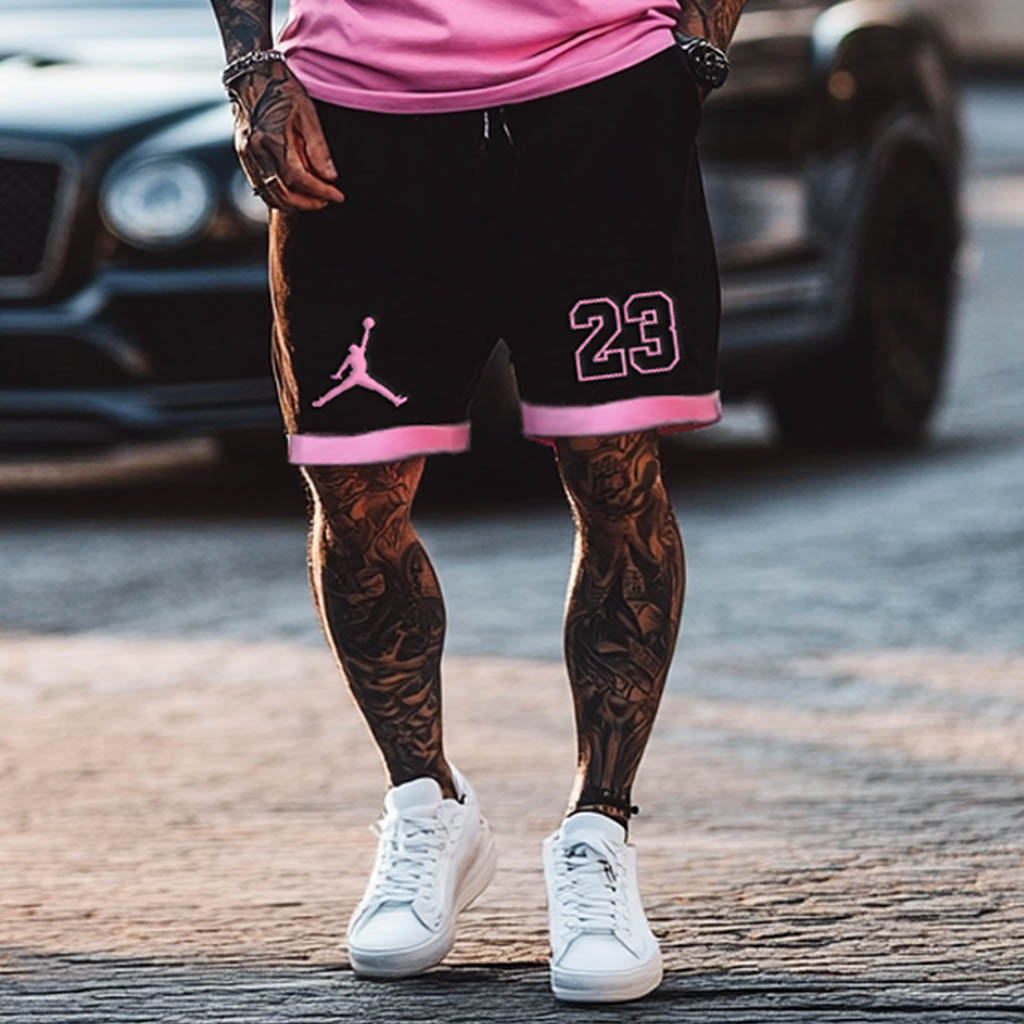Unisex Basketball Print Black And Pink Gradient Oversized Streetwear Short-Sleeved T-shirt And Shorts Set