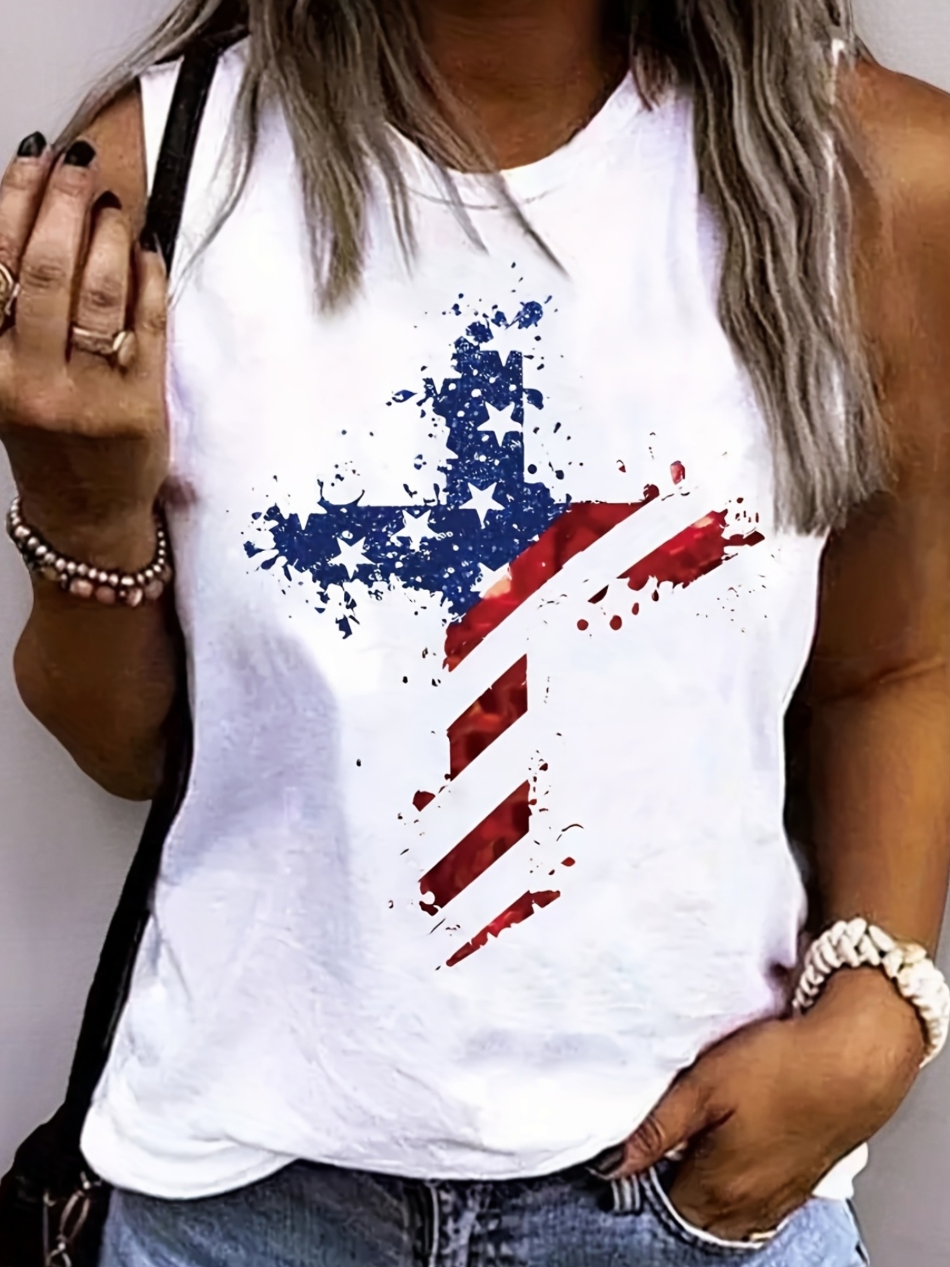 Women's Patriotic Cross Stars and Stripes Print Tank Top