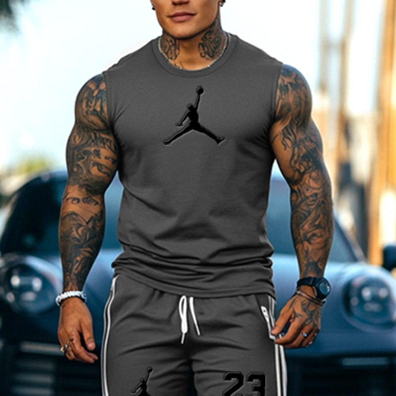 Unisex Basketball Print Inspired Olive Green Tank Top And Stripes Splicing Inner Pants Set