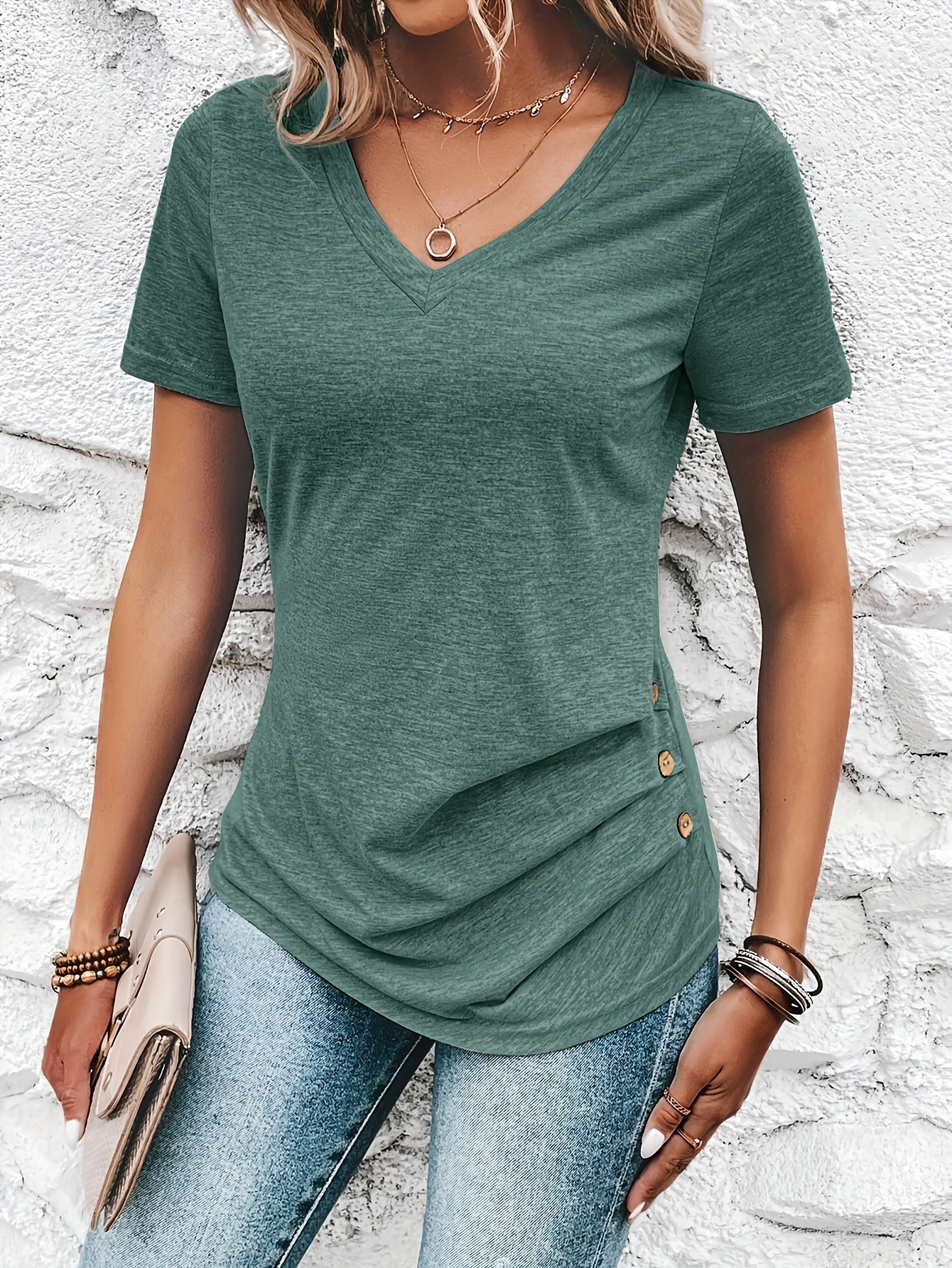 Women's Elegant Casual V-Neck Button-Front T-Shirt