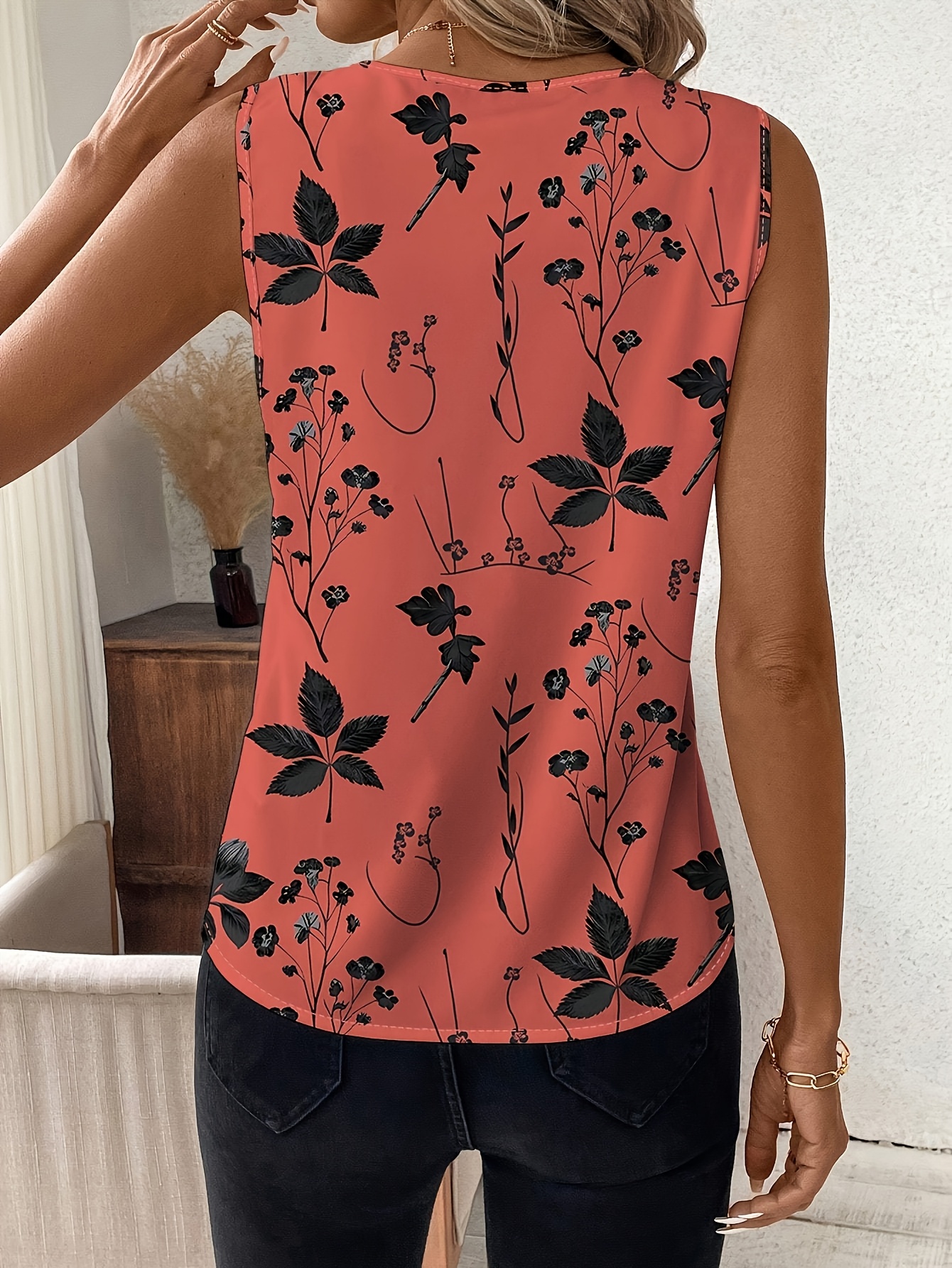 Peach and Black Floral Print Women's Elegant V Neck Sleeveless Top