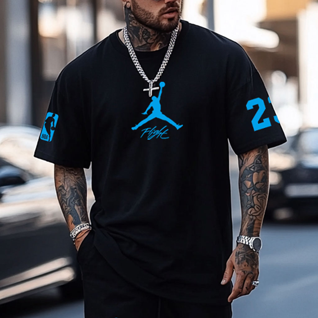 Unisex Basketball Print Oversized Streetwear Black Short-Sleeved T-shirt And Shorts Set