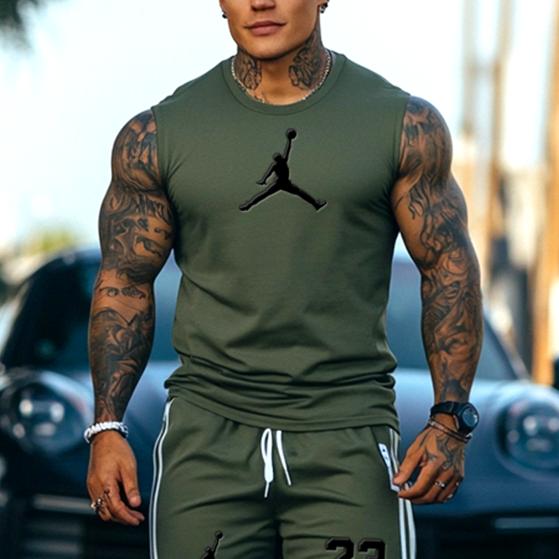 Unisex Basketball Print Inspired Olive Green Tank Top And Stripes Splicing Inner Pants Set