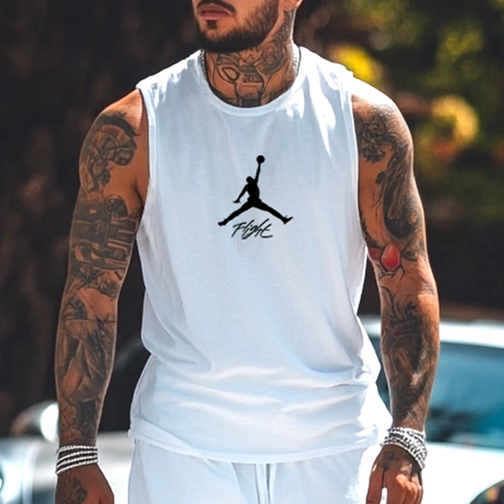 Unisex Basketball Flight Print Streetwear White Tank Top And Shorts Set