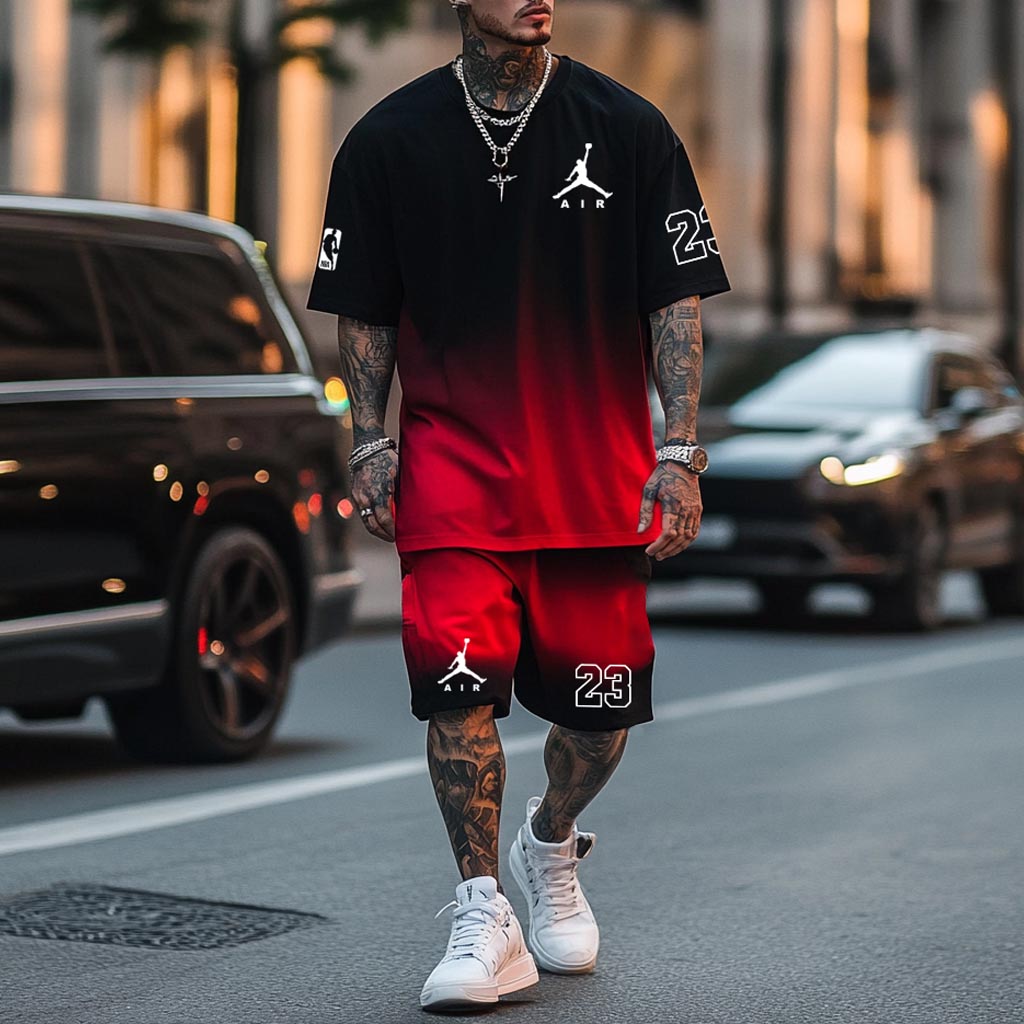 Unisex Black Red Gradient Basketball Print Oversized Streetwear Short-Sleeved T-shirt And Shorts Set