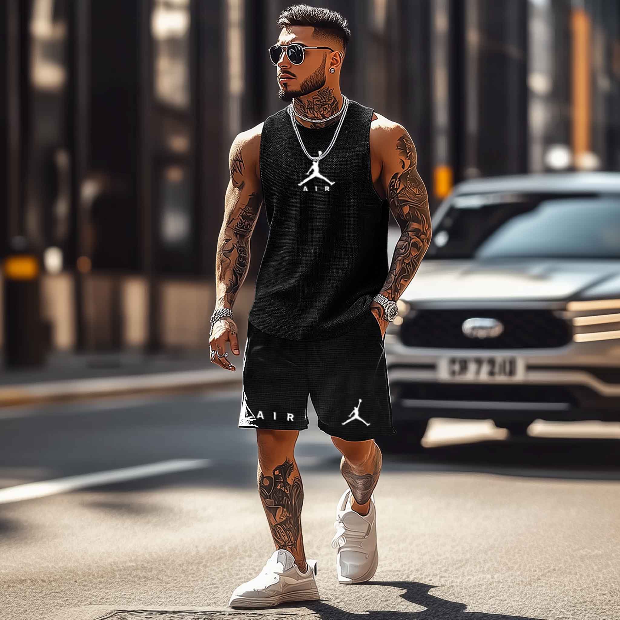 Unisex Waffle Knit Basketball Print Streetwear Black Sleeveless Tank Top And Shorts Set