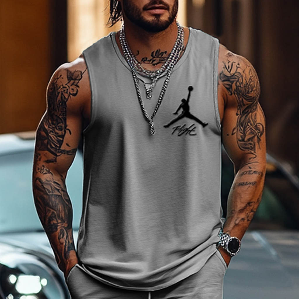 Unisex Basketball Flight Print Streetwear Gray Tank Top And Shorts Set