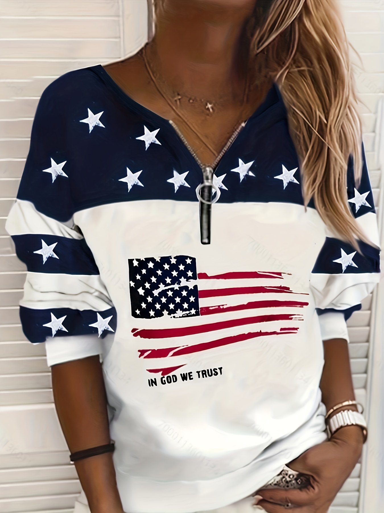 American Flag Printed Pullover Sweatshirt, Casual Long Sleeved Zipper Sweatshirt For Autumn And Winter, Women'S Clothing