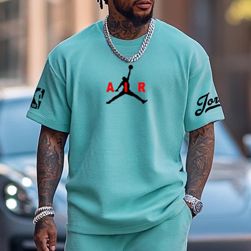 Unisex Waffle Knit Basketball Print Teal Oversized Streetwear Short-Sleeved T-shirt And Shorts Set