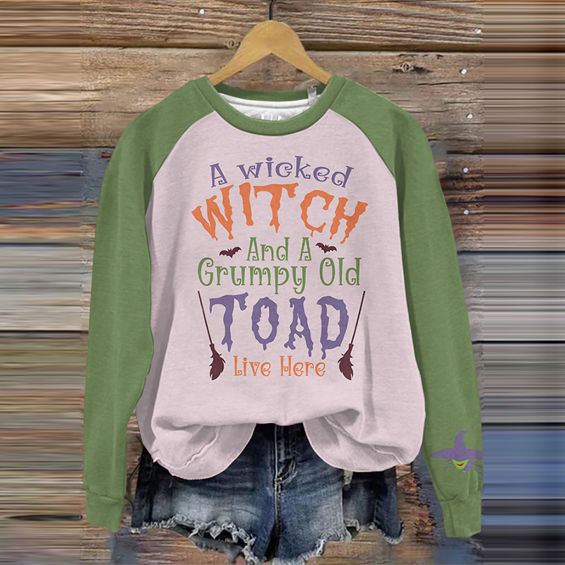 Witch And A Grumpy Old Toad Live Here Printed Casual Hoodie