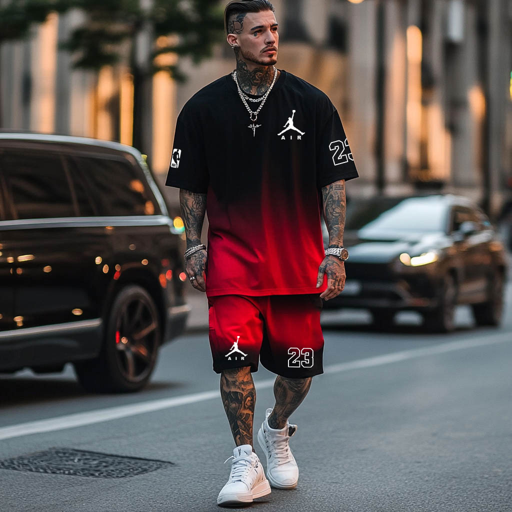 Unisex Black Red Gradient Basketball Print Oversized Streetwear Short-Sleeved T-shirt And Shorts Set