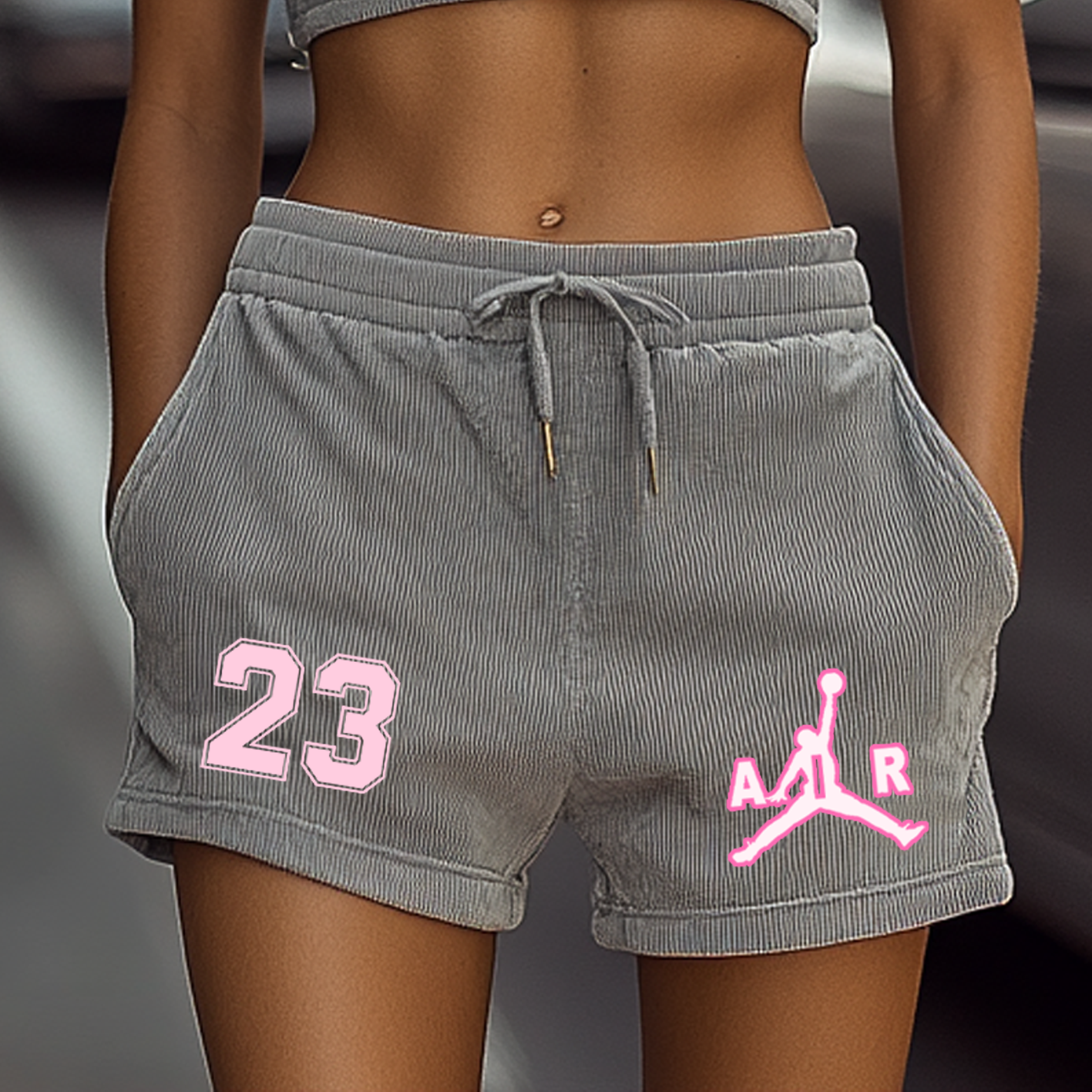 Women's Corduroy Basketball Print Streetwear Gray Sport Tank Top And Gray Athletic Shorts Set
