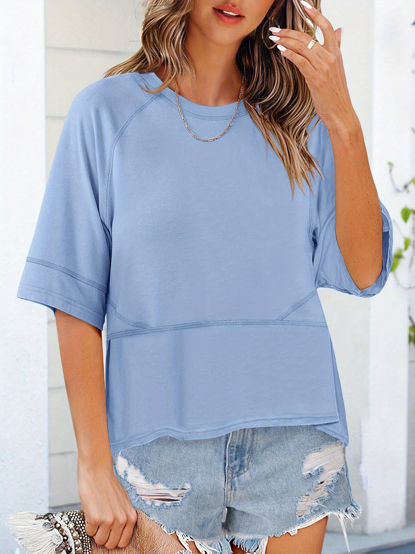 Solid Crew Neck Loose Basic T-shirt Casual Half Sleeve Spring