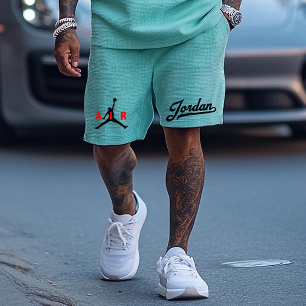 Unisex Waffle Knit Basketball Print Teal Oversized Streetwear Short-Sleeved T-shirt And Shorts Set