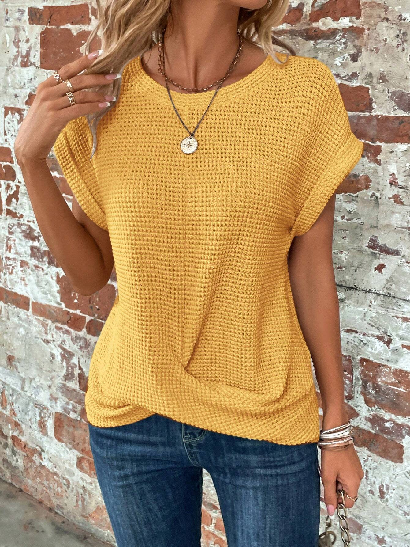 Solid Batwing Sleeve Cross Wrap Hem Tee