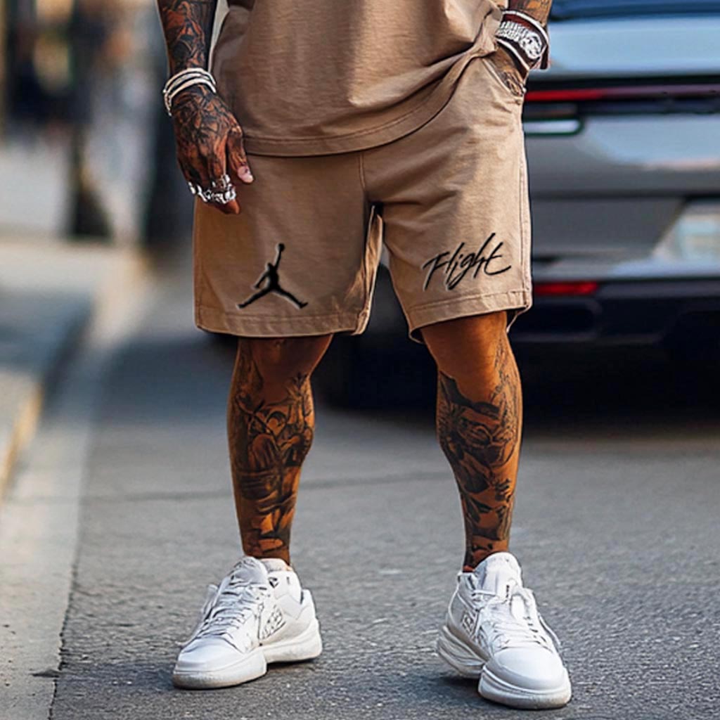 Unisex Basketball Flight Print Oversized Streetwear Khaki Short-Sleeved T-shirt And Shorts Set