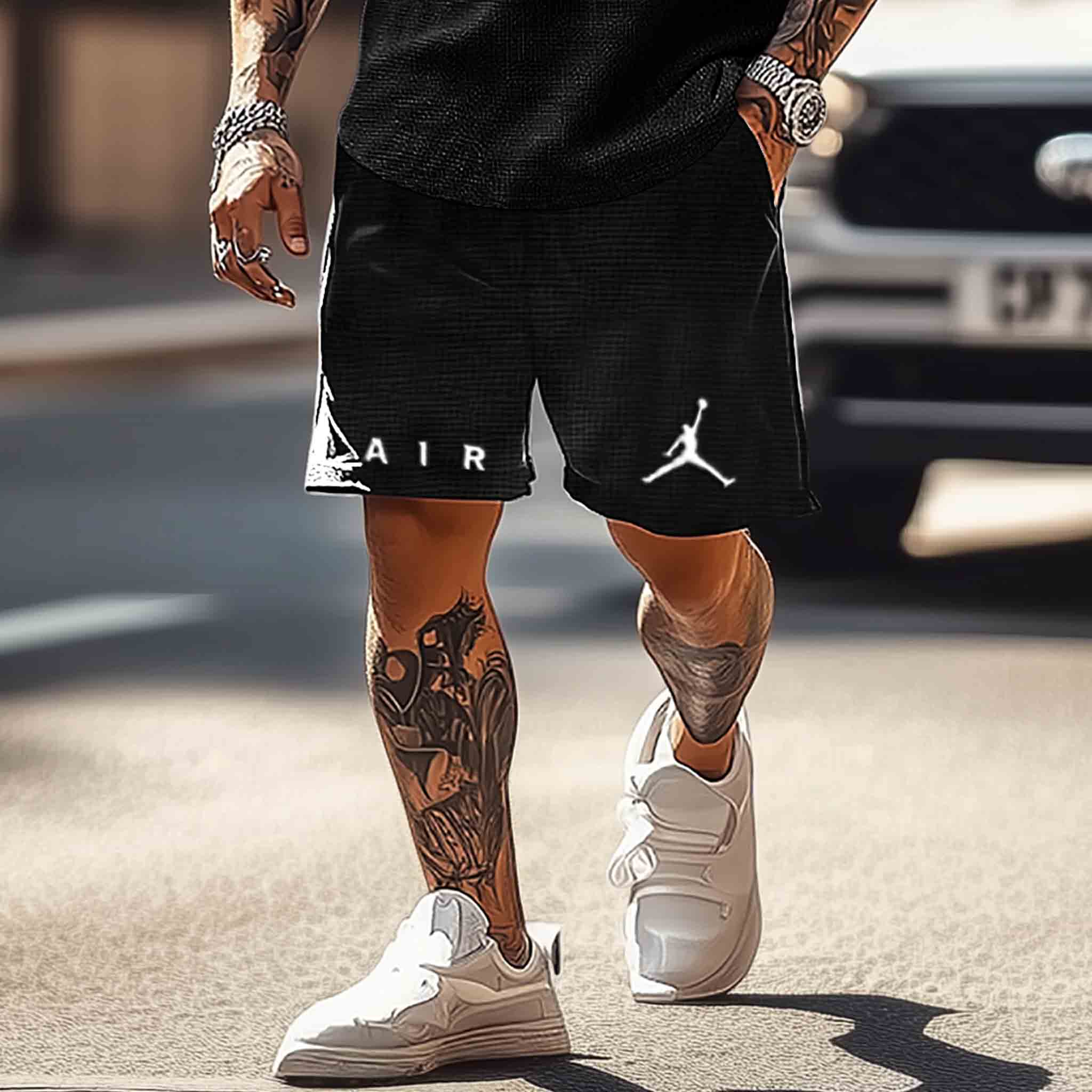 Unisex Waffle Knit Basketball Print Streetwear Black Sleeveless Tank Top And Shorts Set