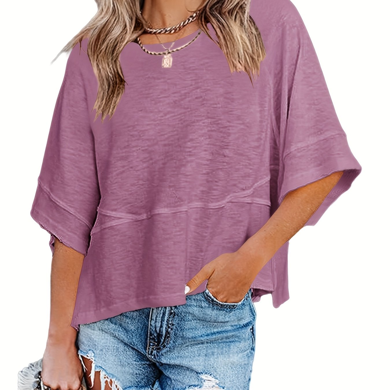 Solid Crew Neck Loose Basic T-shirt Casual Half Sleeve Spring