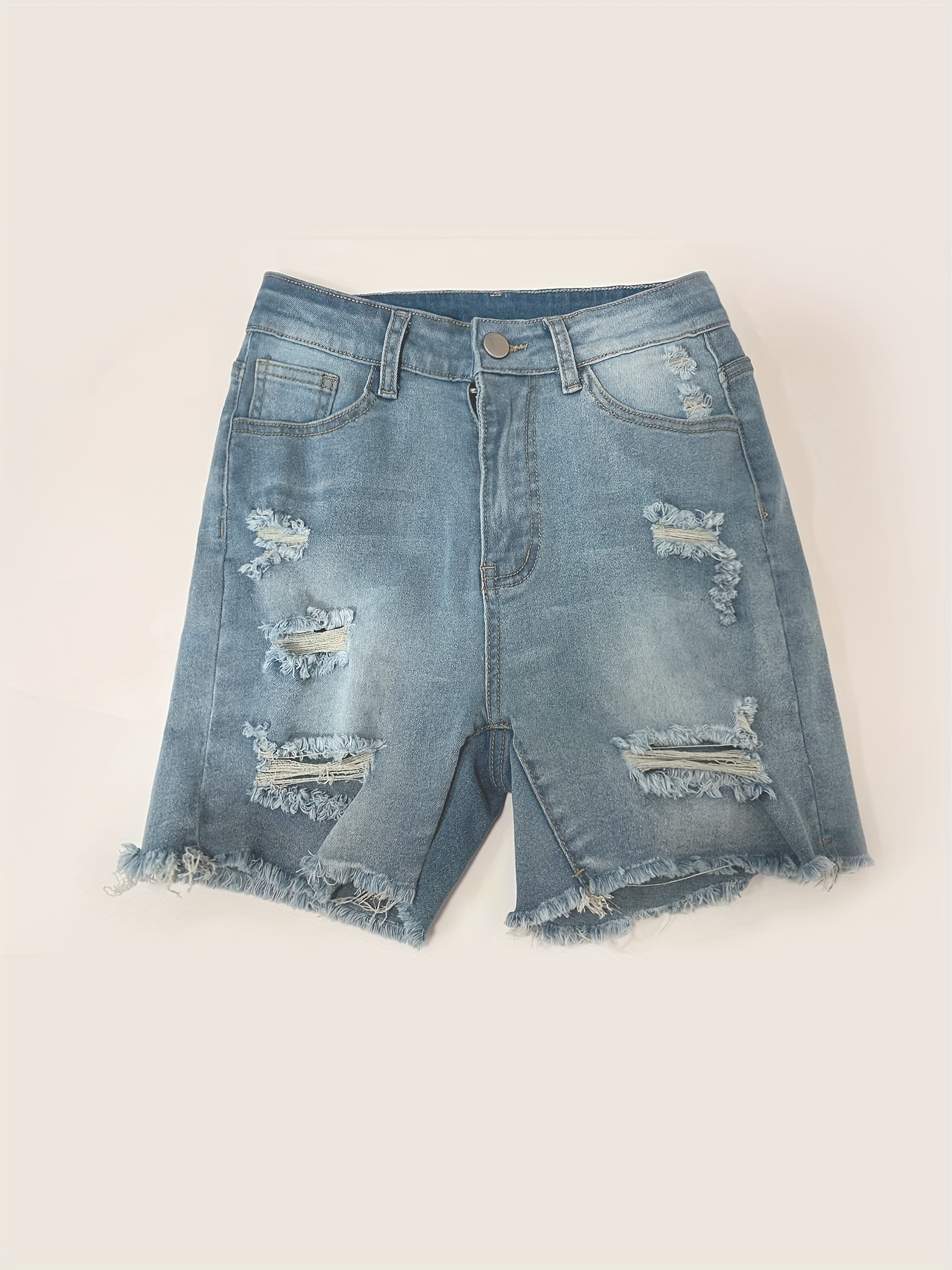 Womens Fashion-Forward Ripped Denim Shorts - Vintage Washed Blue