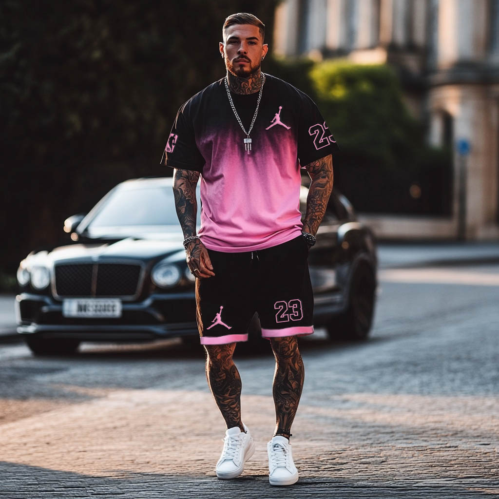 Unisex Basketball Print Black And Pink Gradient Oversized Streetwear Short-Sleeved T-shirt And Shorts Set